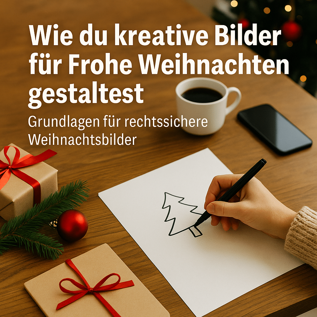 Auf einem festlich dekorierten Holztisch zeichnet eine Hand mit schwarzem Marker einen stilisierten Weihnachtsbaum auf ein Blatt Papier. Umgeben ist die Szene von zwei liebevoll verpackten Geschenken, einem grünen Tannenzweig mit roter Kugel, einer Tasse Kaffee und einem Smartphone. Im Hintergrund ist ein verschwommener, geschmückter Weihnachtsbaum zu erkennen. Der Text im Bild lautet: „Wie du kreative Bilder für Frohe Weihnachten gestaltest – Grundlagen für rechtssichere Weihnachtsbilder“. Die Szene symbolisiert Kreativität, weihnachtliche Atmosphäre und sicheres Design für Online-Inhalte.